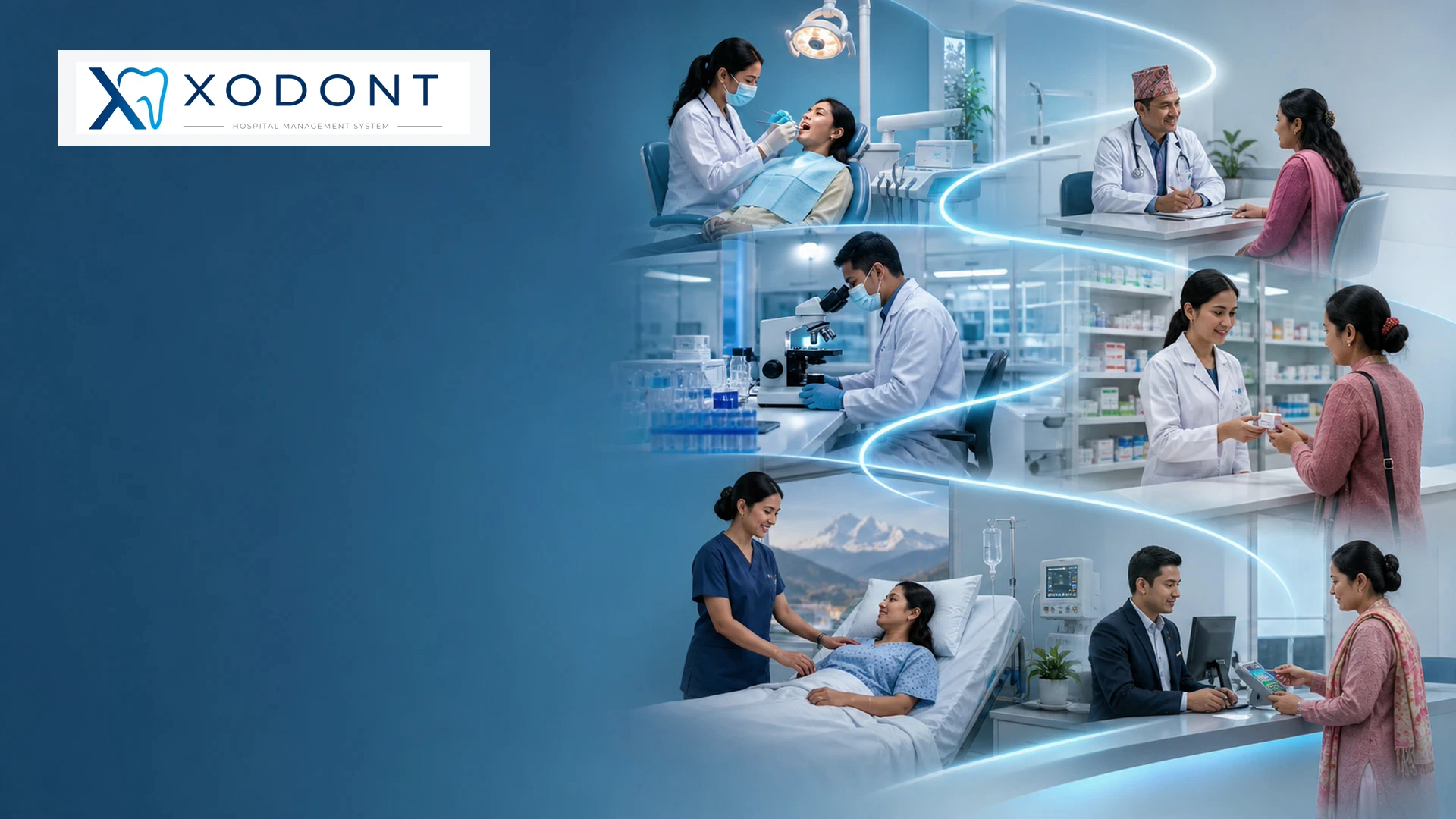 Illustrated dental and hospital patient journey connected across care, diagnostics, pharmacy, and finance.