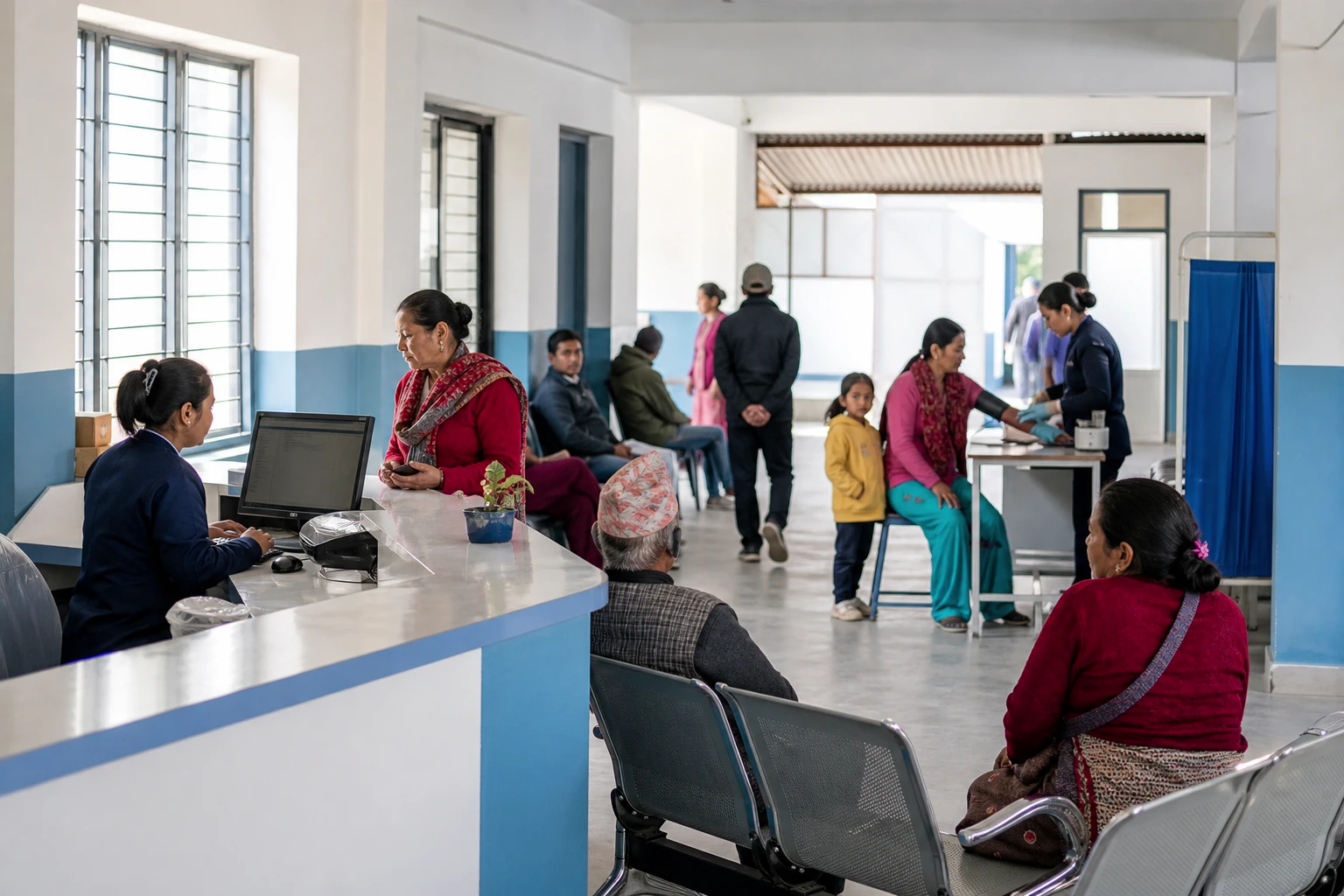 Organized registration and triage flow in a Nepal government hospital OPD.