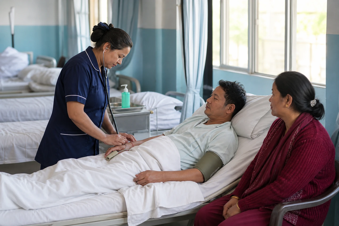 Nurse completing a respectful bedside observation in a clean inpatient ward.