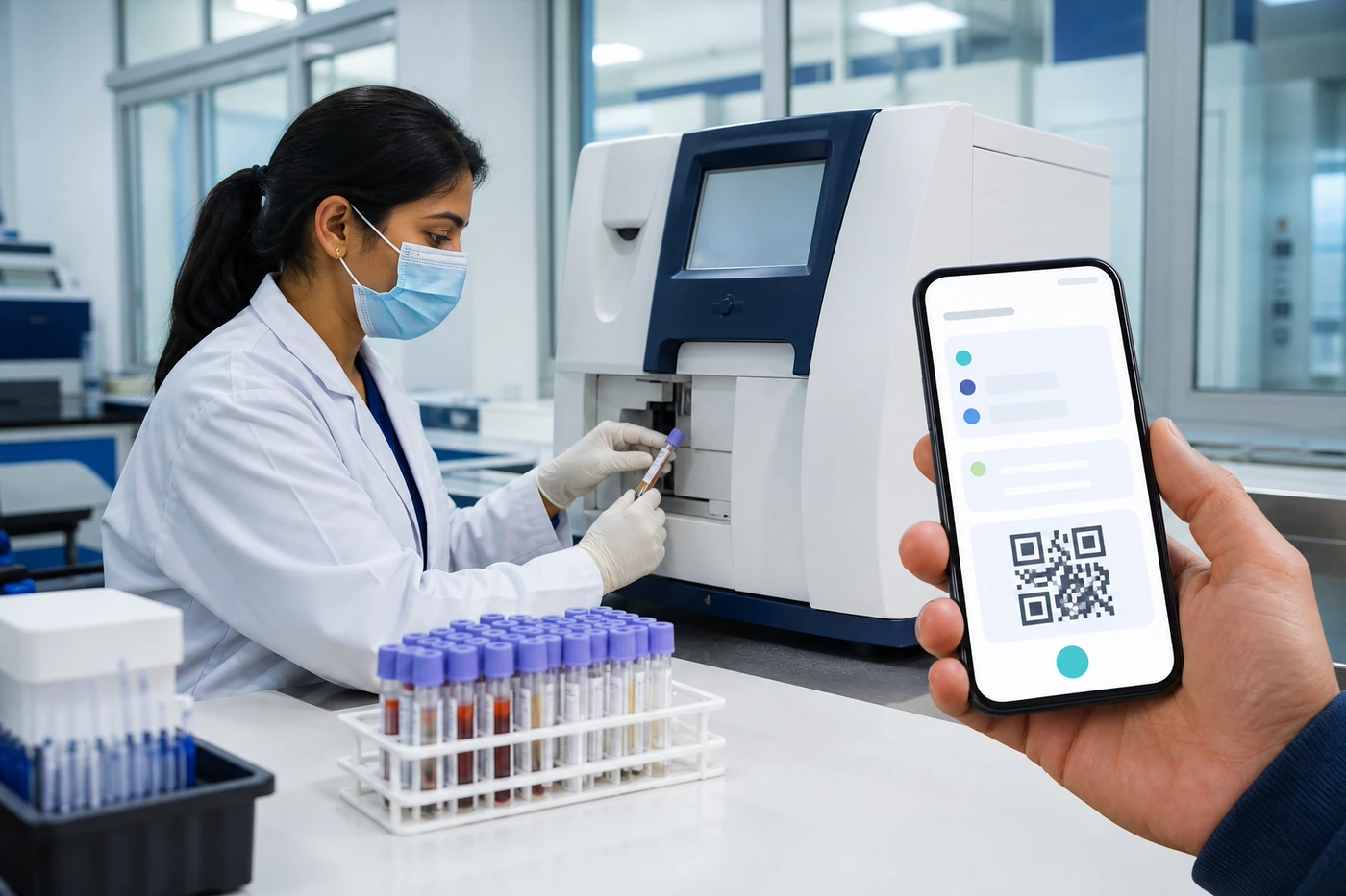 Laboratory workflow with specimen processing and QR-style patient report verification.