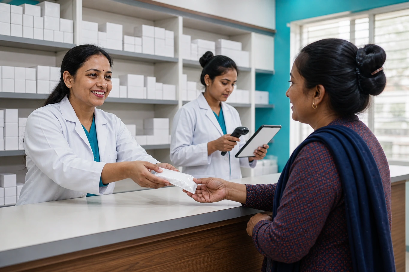 Public-hospital pharmacy dispensing medicine while retaining accountable stock control.