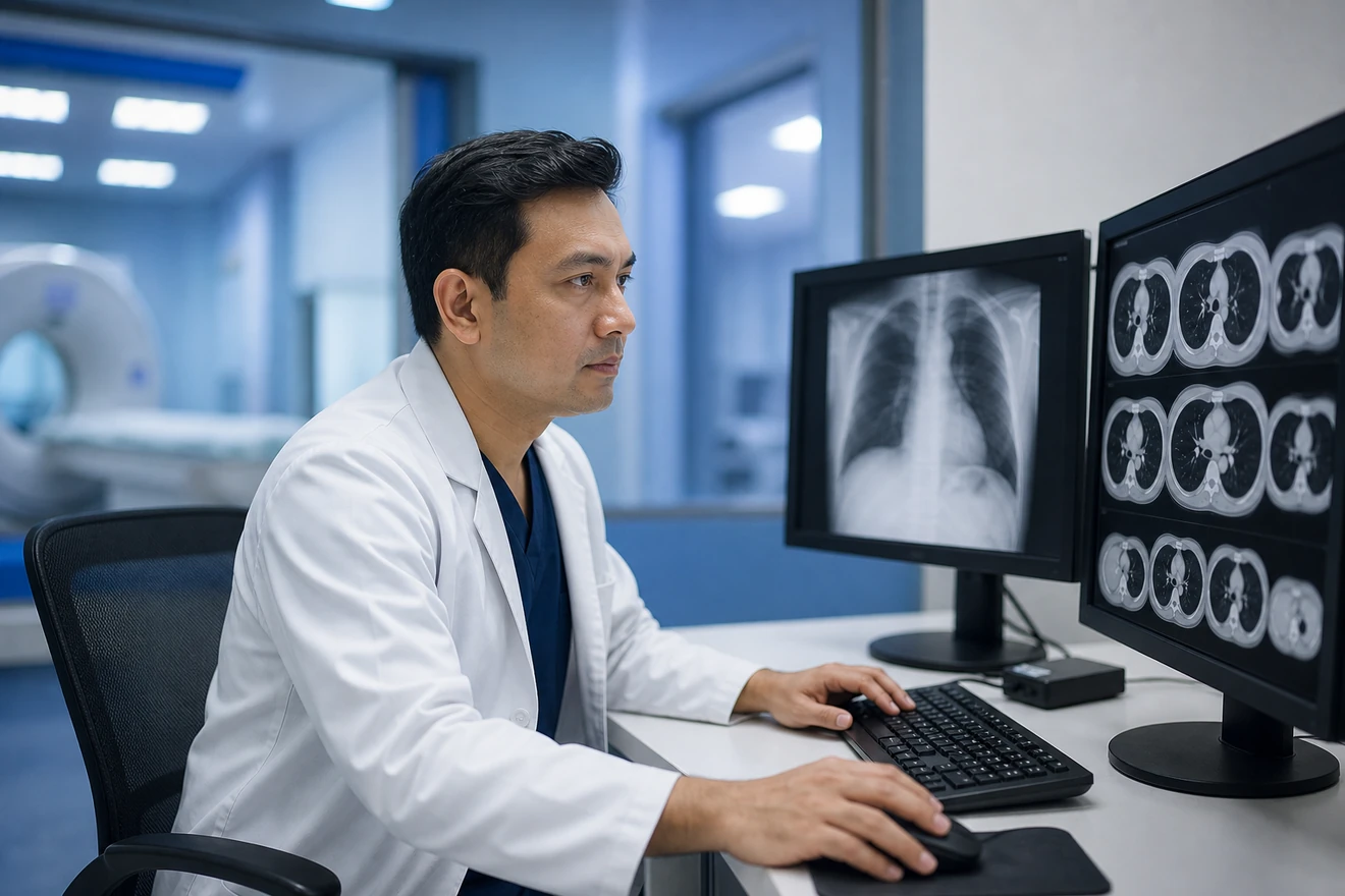 Radiologist reviewing medical imaging in a modern diagnostic workspace.