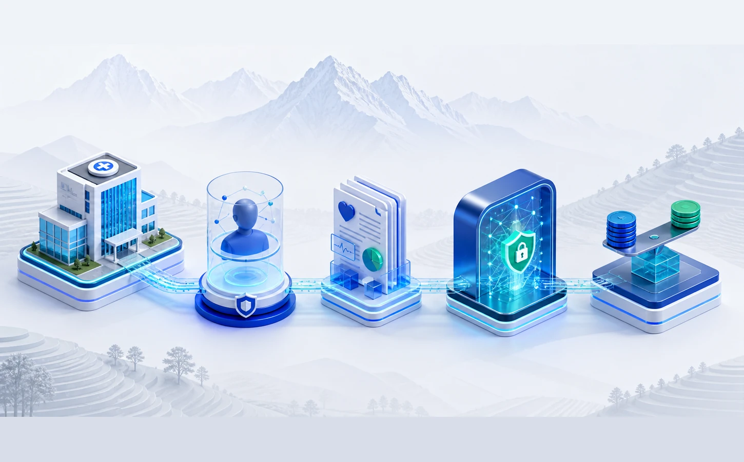 Secure healthcare data exchange connecting patient identity, claim evidence, and payer settlement.