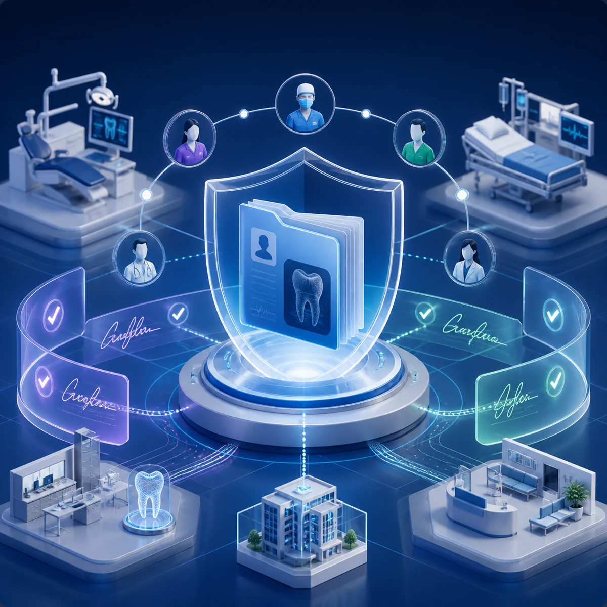 Protected patient record linked to controlled clinical access and signed audit events.