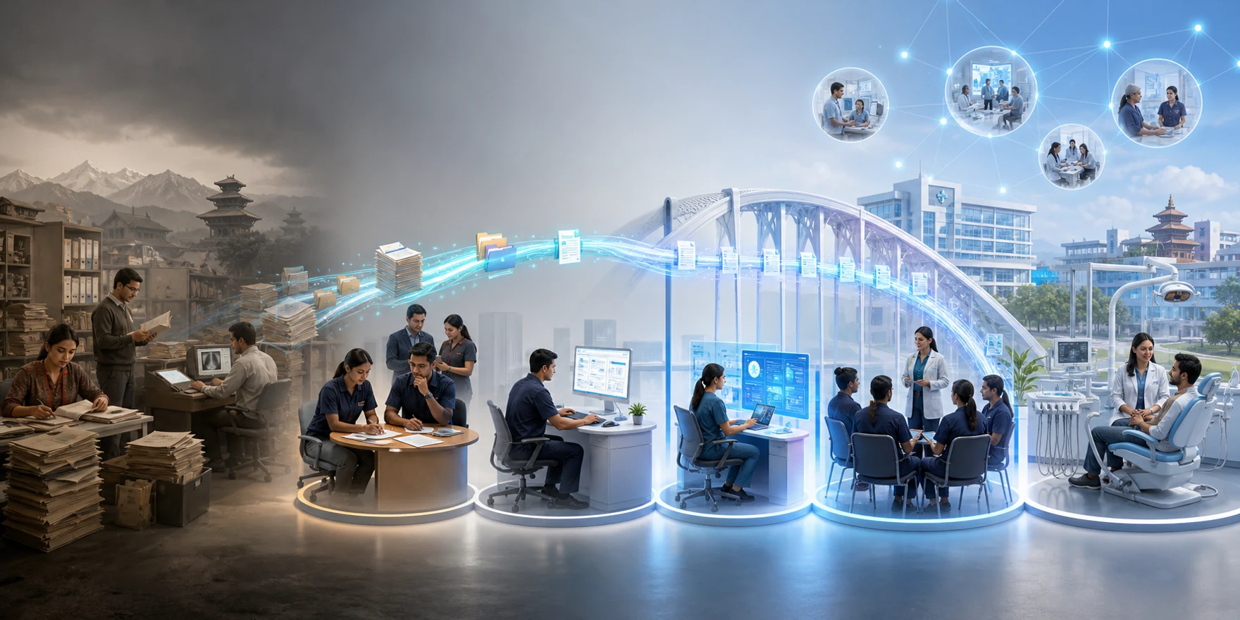 Controlled transition from paper and separate systems to connected digital dental and hospital care.