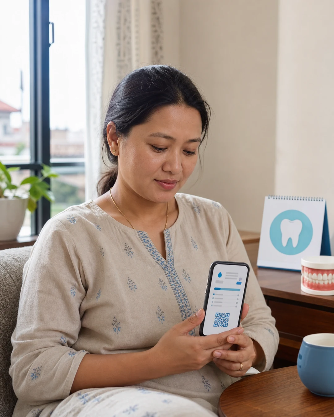 Patient securely checking a verified laboratory report on a mobile phone at home.