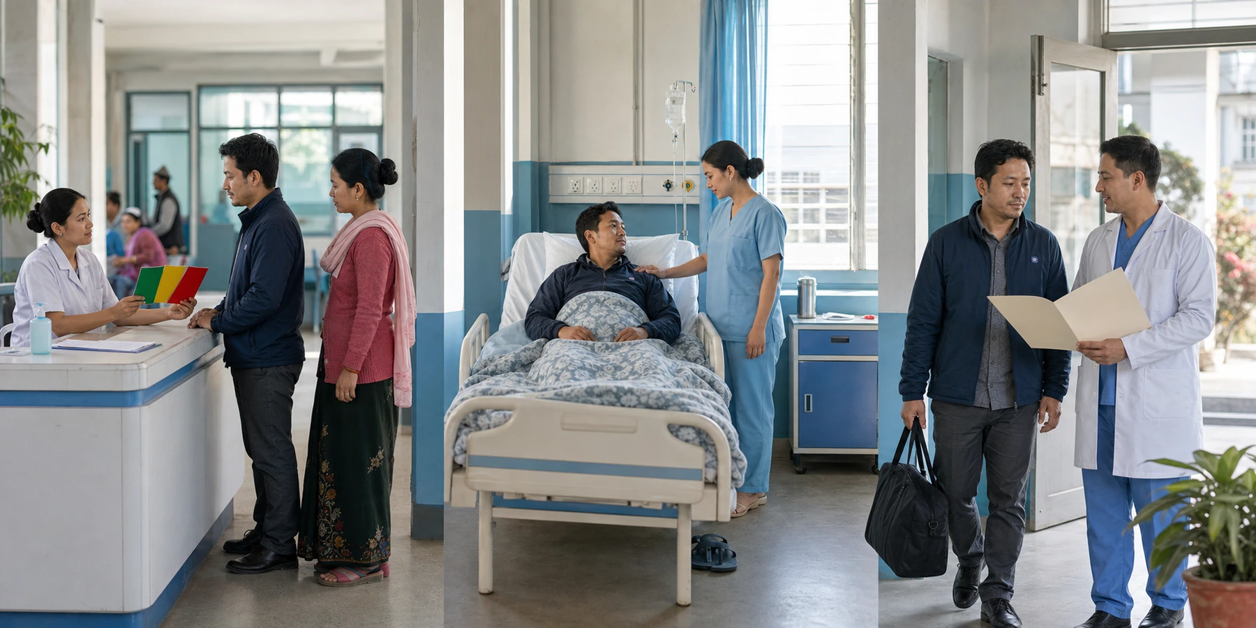 Connected Nepal hospital journey from registration and triage through inpatient care and discharge.