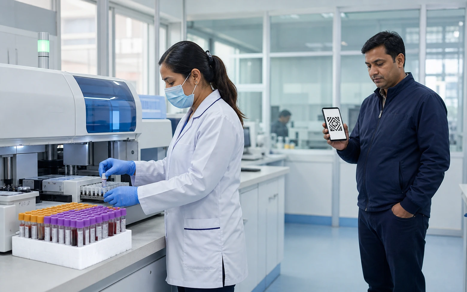 Nepal medical laboratory workflow connecting specimen custody, result validation, and patient verification.