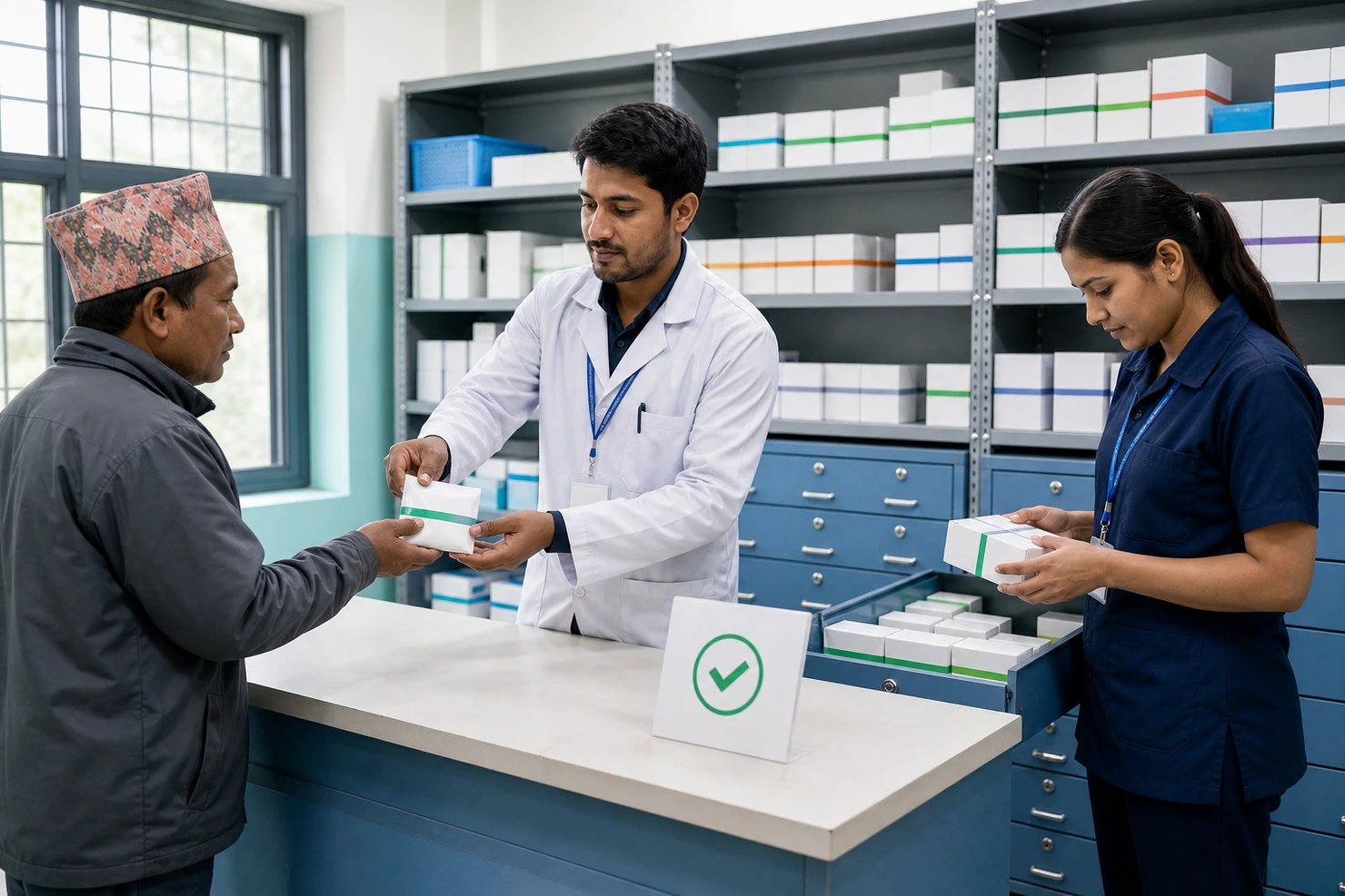 Public hospital pharmacy issuing authorised no-charge medicines with batch and stock verification.