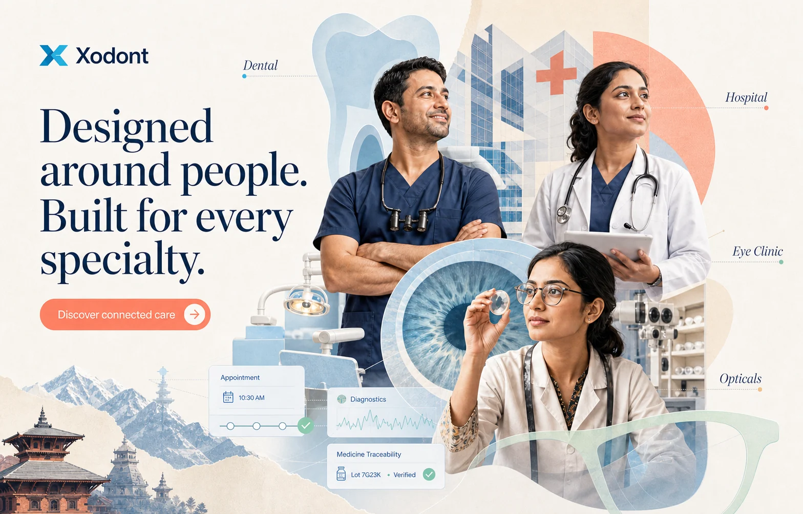 Editorial collage of Nepalese dental, hospital, and eye-care professionals connected through Xodont.