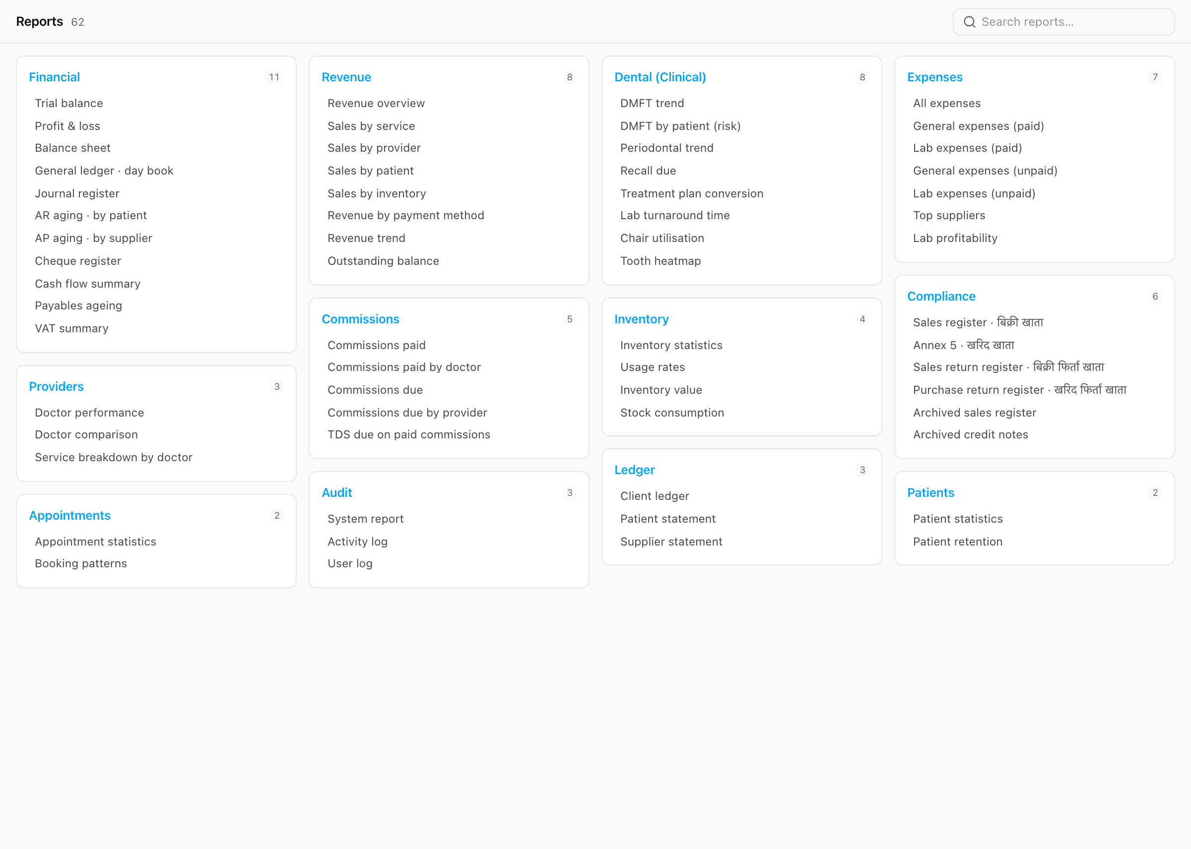 Xodont reports catalog listing financial, clinical, and operational reports.