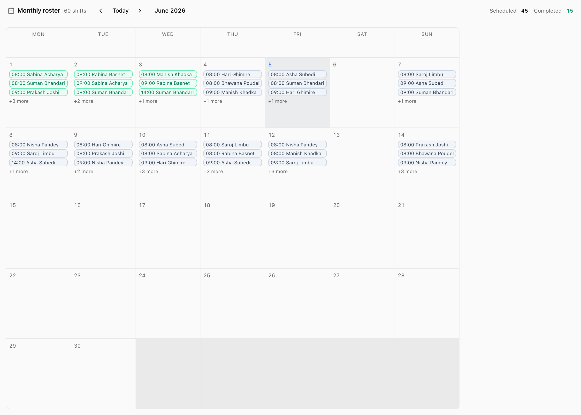 Xodont staff scheduling with a monthly duty-roster calendar across shifts.