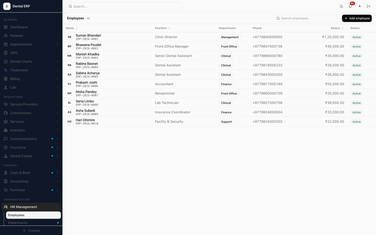 Xodont staff and HR screen listing employees with their roles and details.