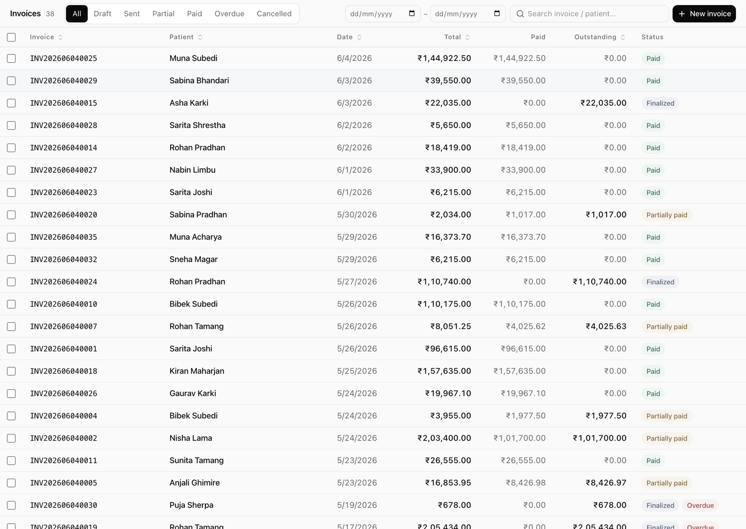 Invoice list in Xodont showing patient invoices with amounts, due dates, and statuses.
