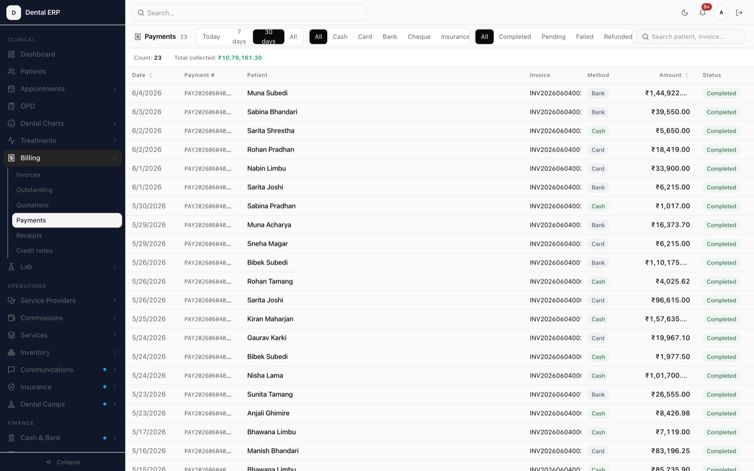 Xodont payment workspace showing receipt and settlement records.