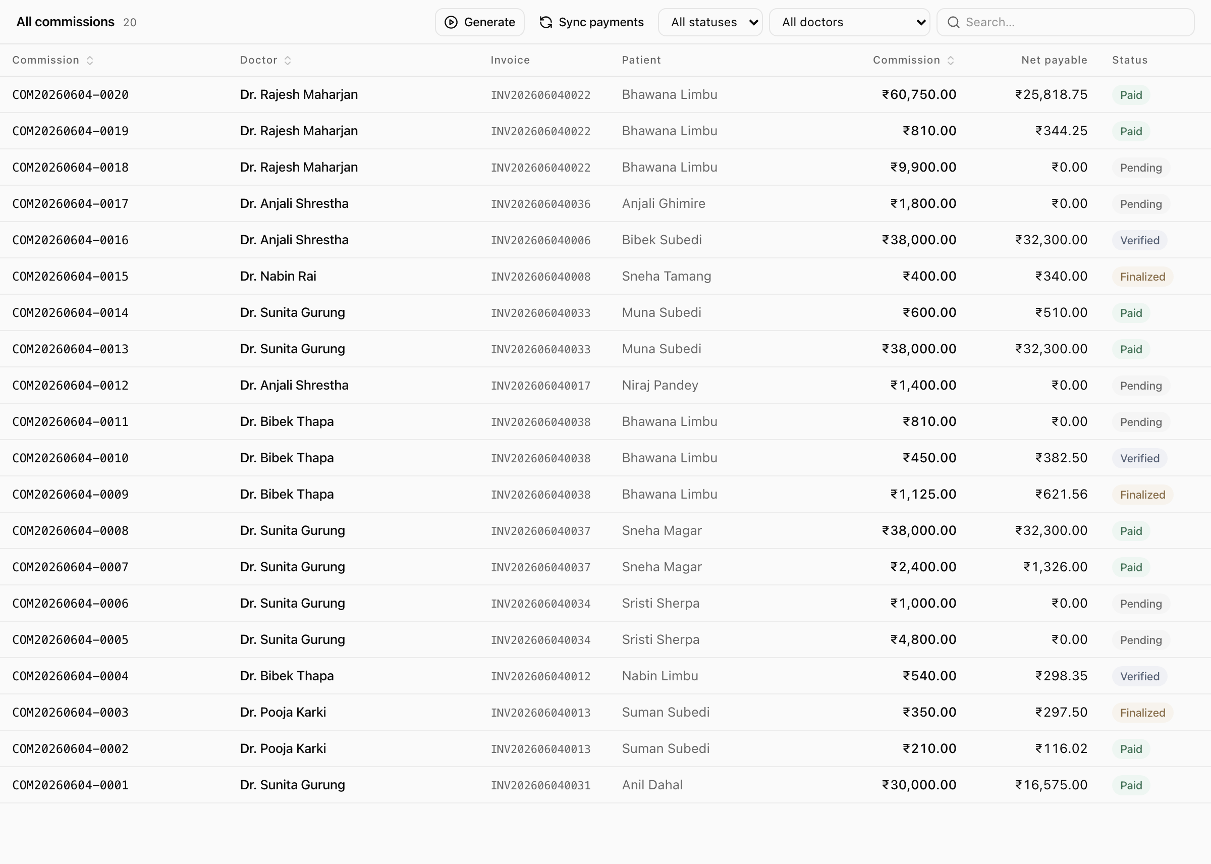 Xodont commissions screen listing provider commissions with amounts, net payable, and status.