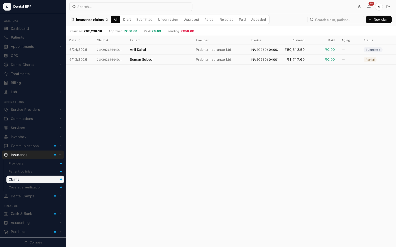 Xodont insurance claims list showing claim statuses and payer information.