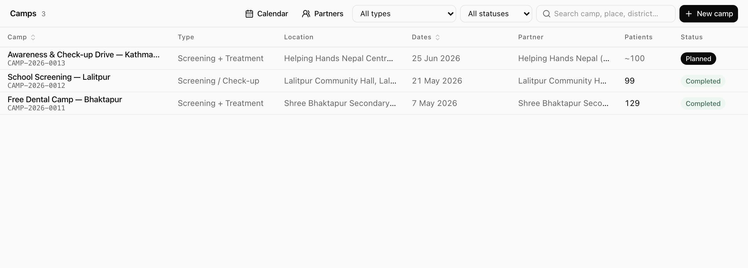 Xodont camps list showing outreach dental camps with locations, dates, and patient counts.