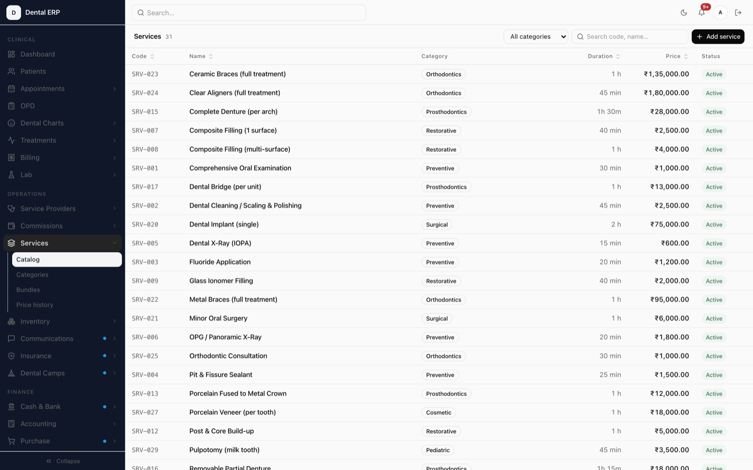 Xodont services catalog listing dental procedures with pricing and codes.